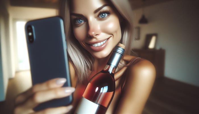 Blonde Woman Selfie with Blue Eyes and Rose Wine