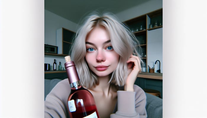 Beautiful Woman with Blue Eyes and Blonde Hair Holding Rose Wine