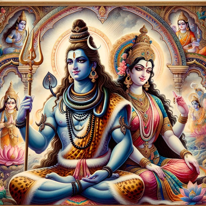 Divine Depiction of Lord Shiva & Maa Parvati in Vibrant Traditional Art