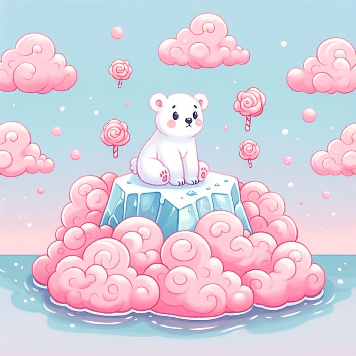 Adorable White Polar Bear on Iceberg Surrounded by Soft Pink Clouds