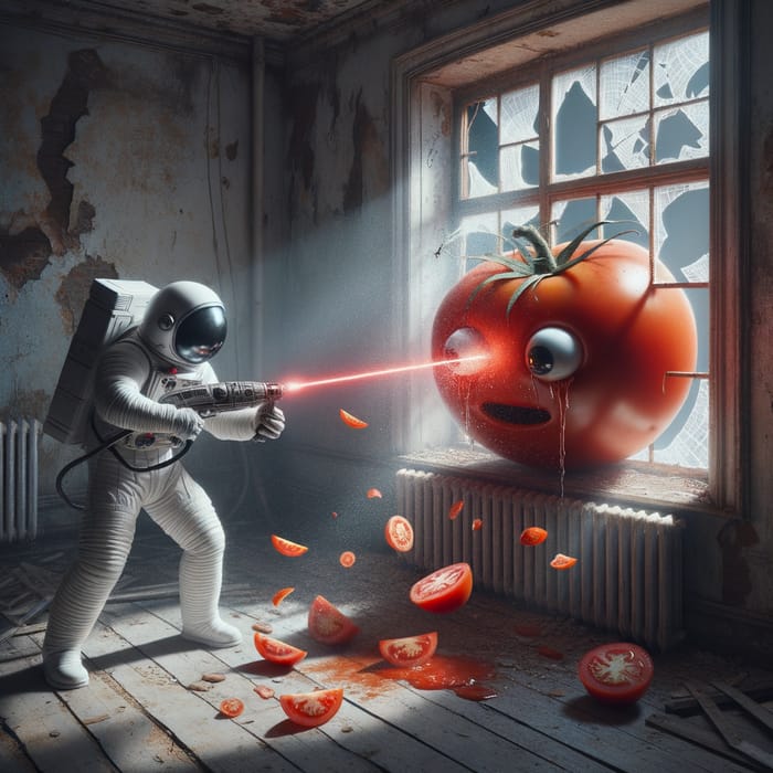 Decrepit Room: Astronaut Slicing Enormous Tomato with Lightsaber