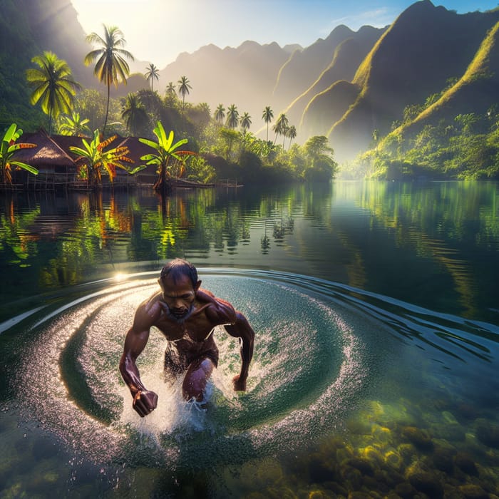 Native Filipino Swimming in Serene Lake