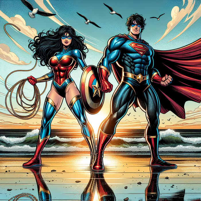 Wonder Woman and Superman: Beach Superheroes in Comics Style