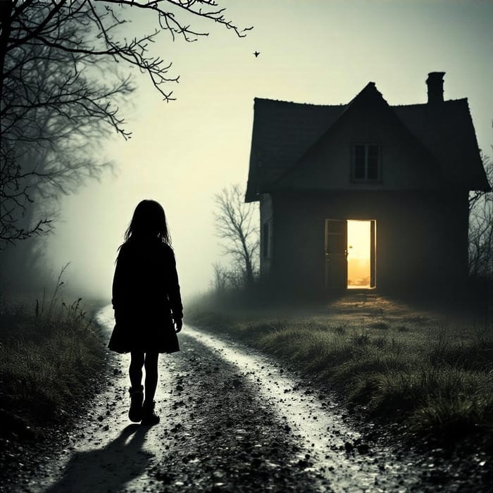 Silhouette of a Girl on a Path to a House