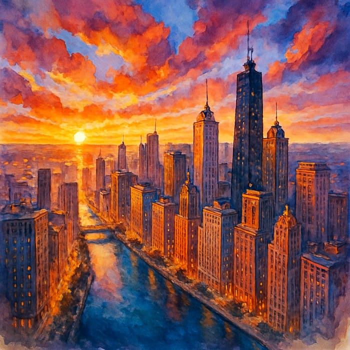 Vibrant City Skyline at Sunset in Watercolors Vibrant City Skyline at Sunset in Watercolors