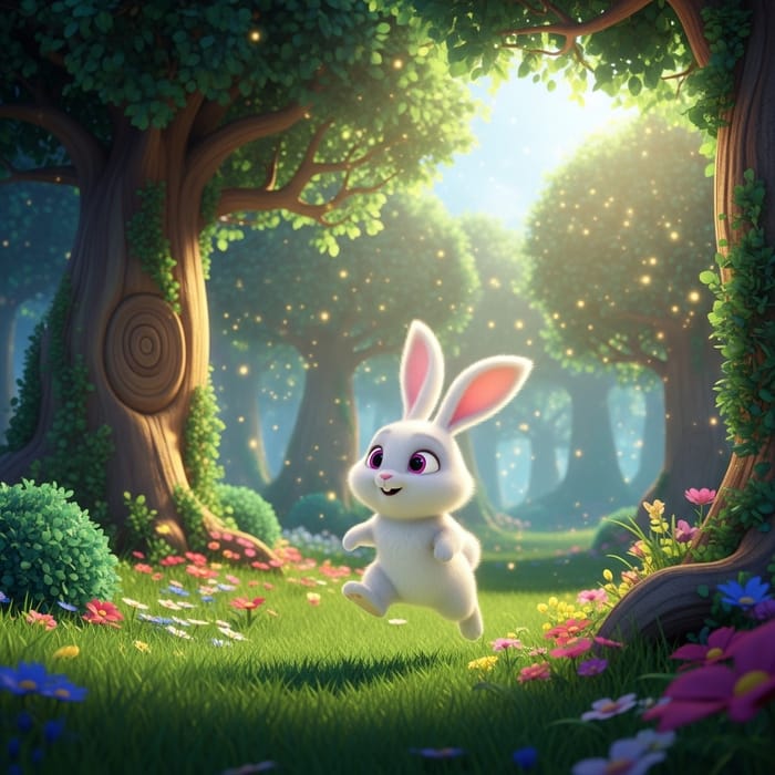 Cute White Bunny in a Magical Forest Cute White Bunny in a Magical Forest