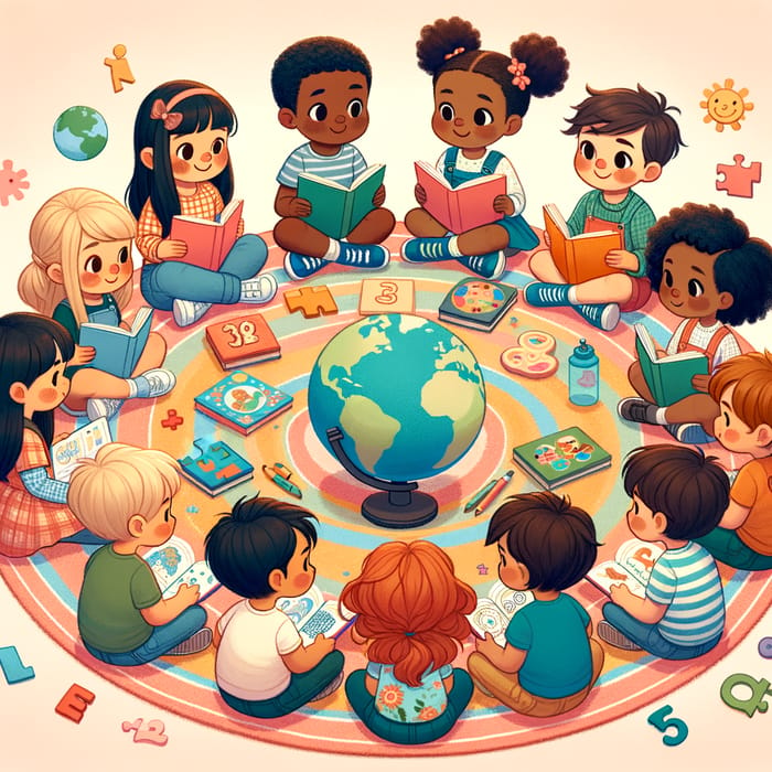 Kids Learning Together: Diverse Group with Books & Globe