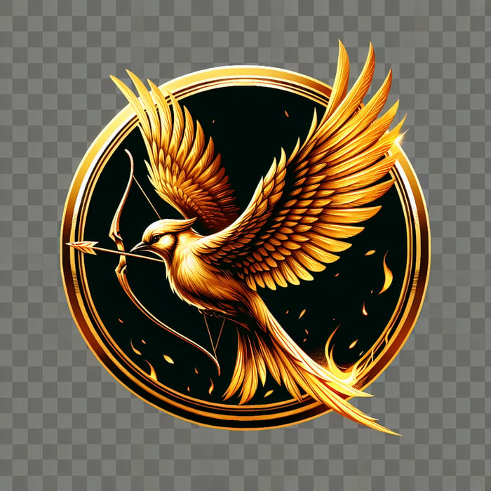 Golden Mockingjay with Wings Spread Holding Arrow in Gold Ring