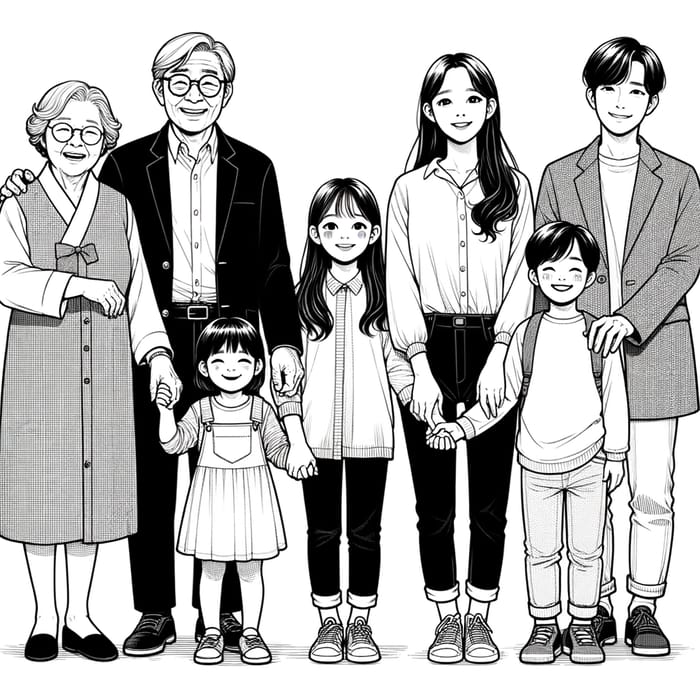 Korean Family Illustration: Togetherness in Black & White