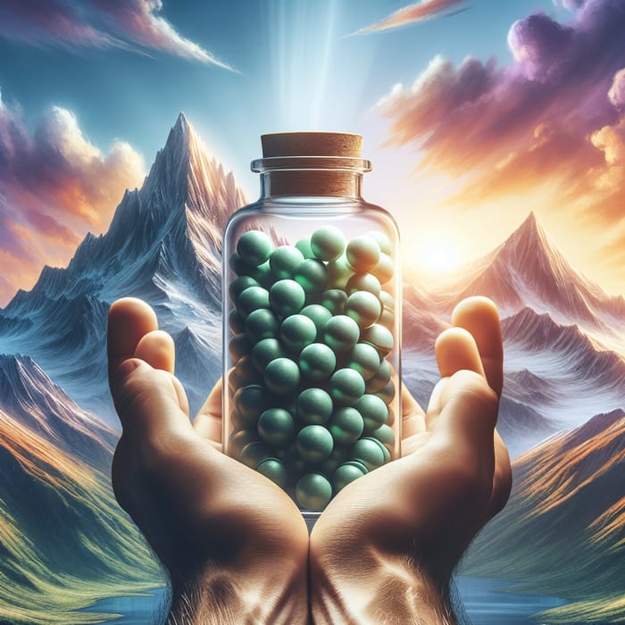 Hand Holding Greenish-Blue Supplement Pills in Bottle | Mountain Range Background