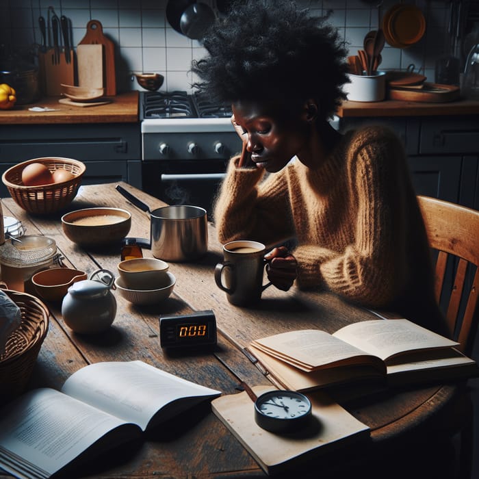 Stressed Woman at Kitchen Table Scene