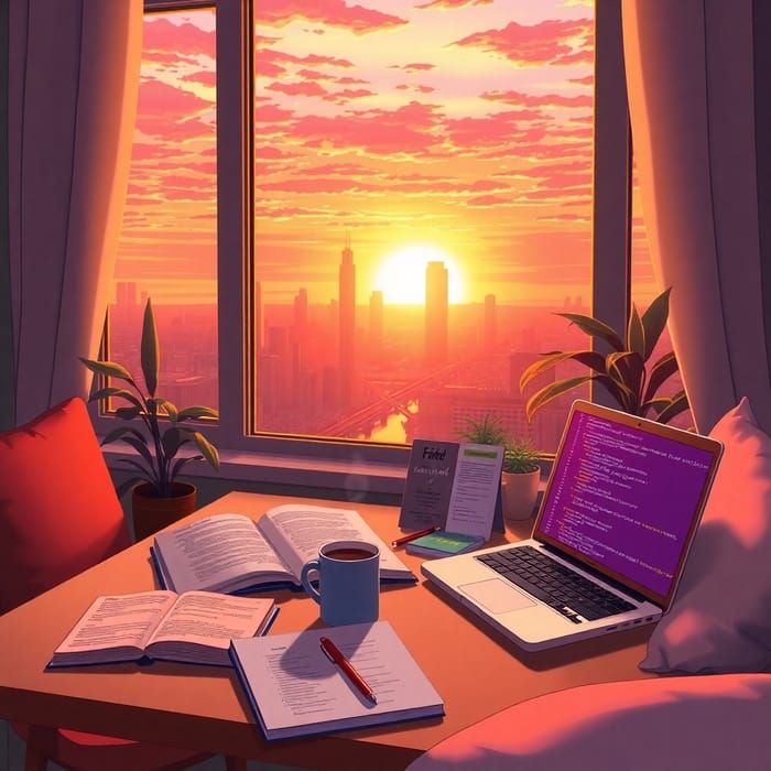 Cozy Anime Room with Sunset Cityscape