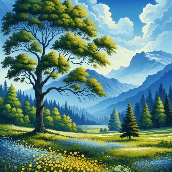 Peaceful Landscape Painting with Majestic Tree and Scenic Mountains