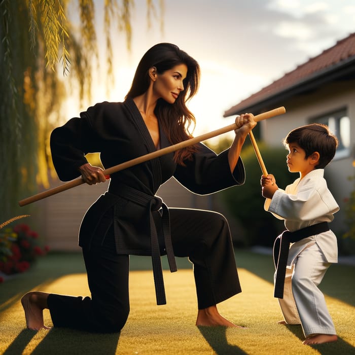 Black Mother Teaching Son Martial Arts with Long Stick