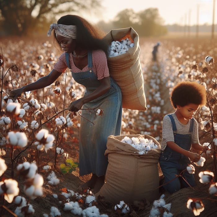 Diligent Young Black Mother and Son Picking Cotton in the Sun