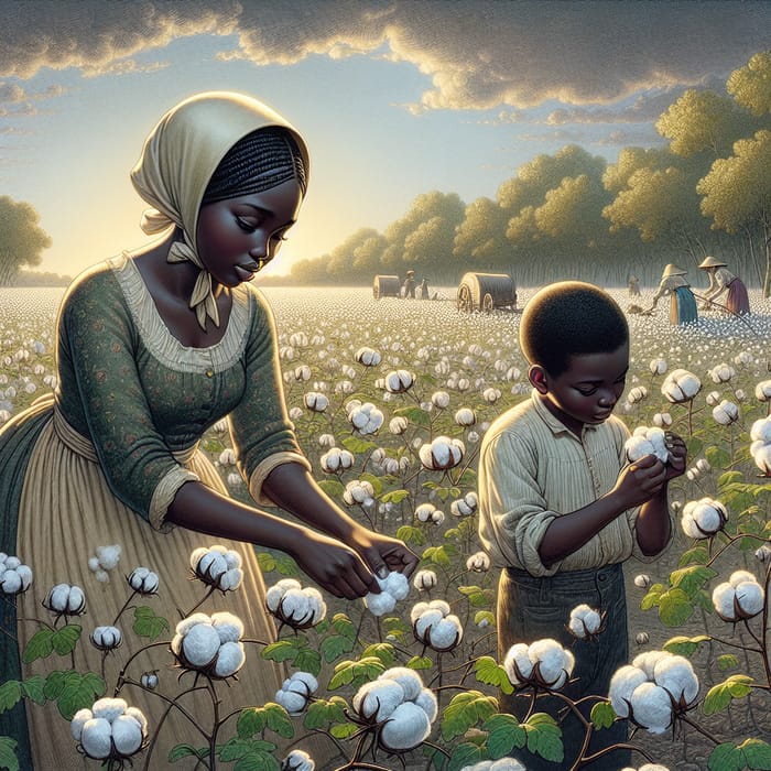 Heartwarming Cartoon of Young Black Mother and Son Picking Cotton