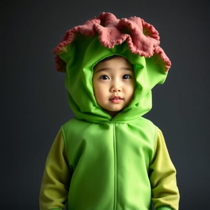 Cute Asian Child in Broccoli Costume