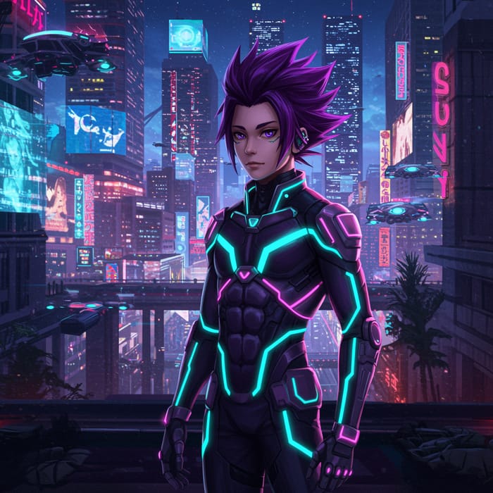 Handsome Anime Boy in Futuristic City