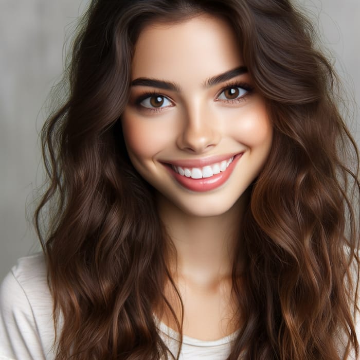 Smiling Young Woman with Wavy Brunette Hair and Almond-Shaped Brown Eyes