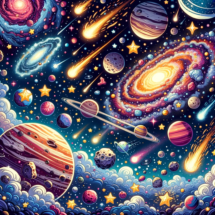 Cartoon Universe Art | Celestial Playfulness with Colorful Galaxies