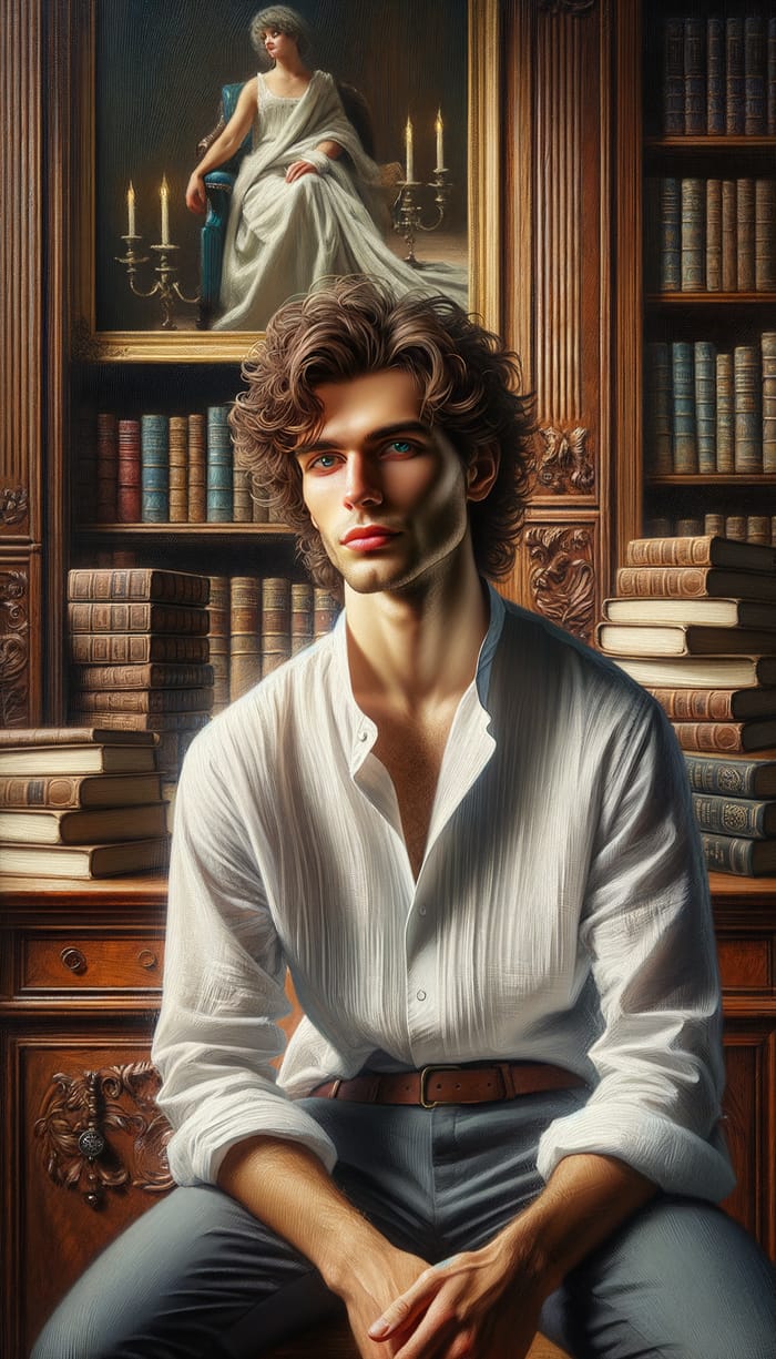 Smart Caucasian Man Portrait in Classic Style with Victorian Era Books