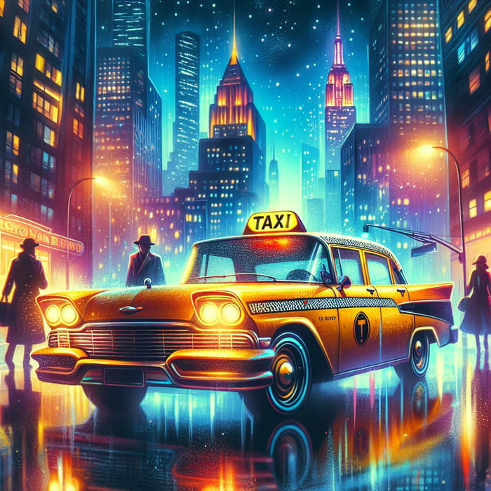 City Night Scene with Yellow Taxi at Midnight