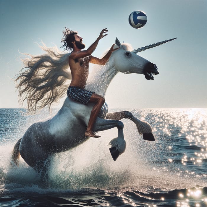 Mad Guy Riding Unicorn Plays Volleyball in Ocean