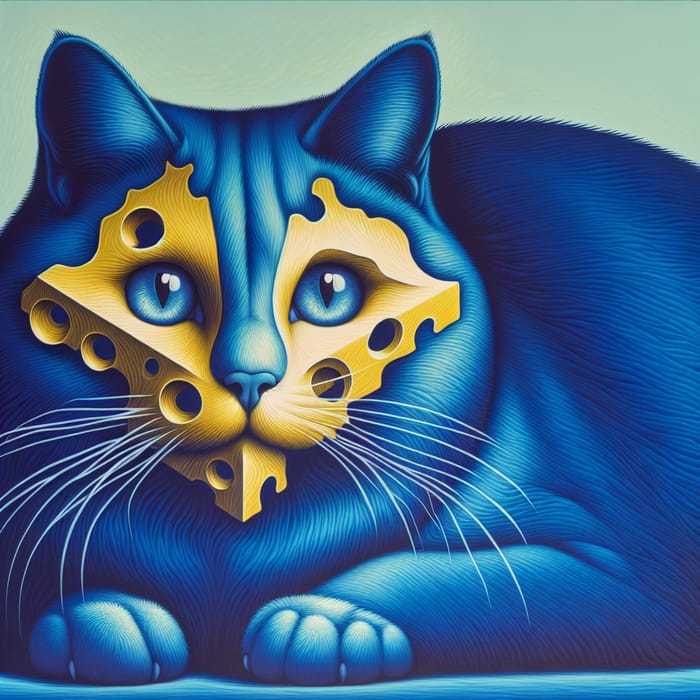 Whimsical Blue Cat with Cheese-shaped Eyes