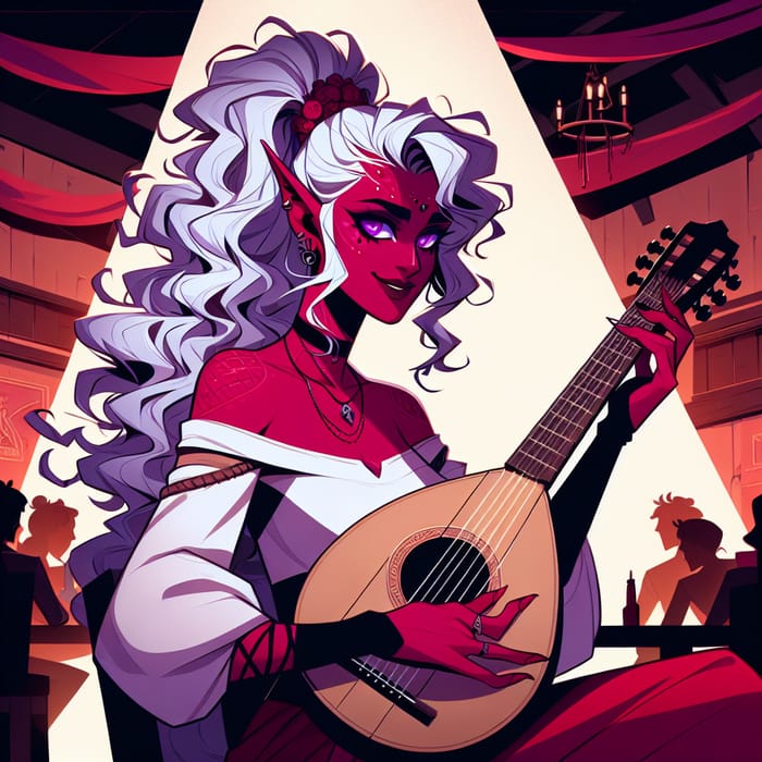 Enchanting Tiefling Bard with White Curly Hair | Fantasy Art