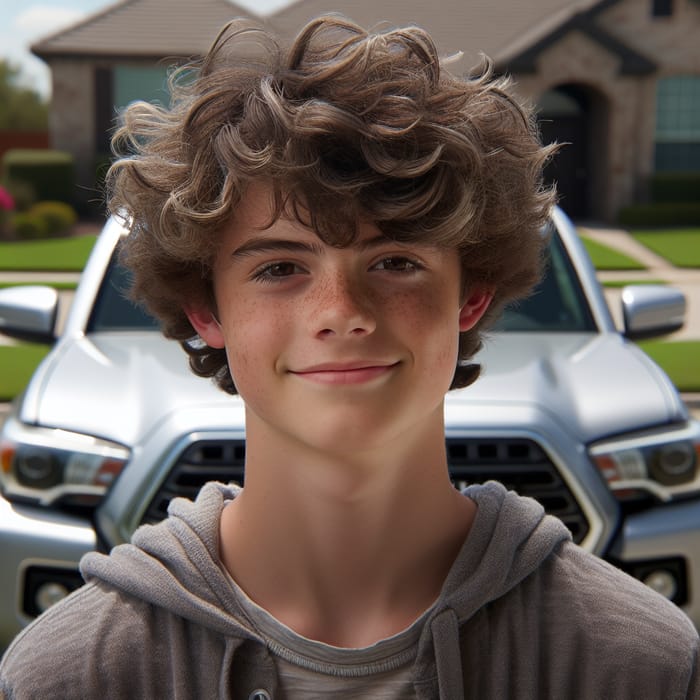 Teenage Boy with Curly Hair by Silver Toyota Tacoma