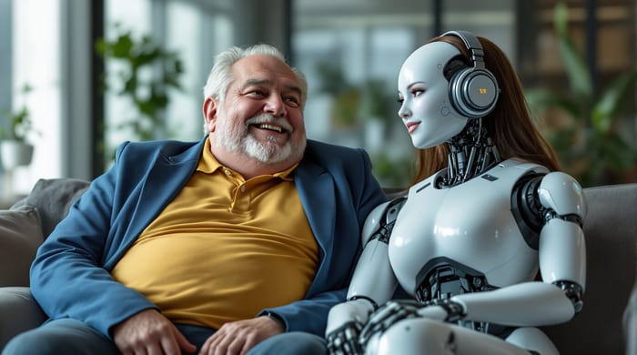 Happy Old Man with a Beautiful Female Robot Cyborg Happy Old Man with a Beautiful Female Robot Cyborg