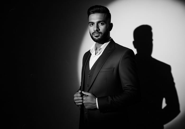 Monochromatic Film Noir Portrait | Confident South Asian Man Monochromatic Film Noir Portrait | Confident South Asian Man