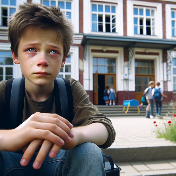 Upset Boy with Phone in Schoolyard | Heartfelt Shot