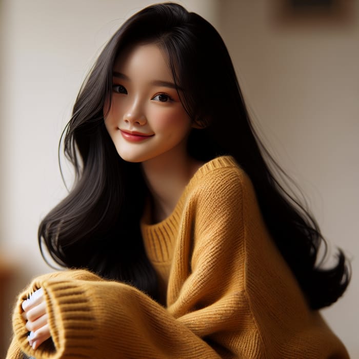 Adorable Asian Girl in Mustard Yellow Sweater with Long, Flowing Hair