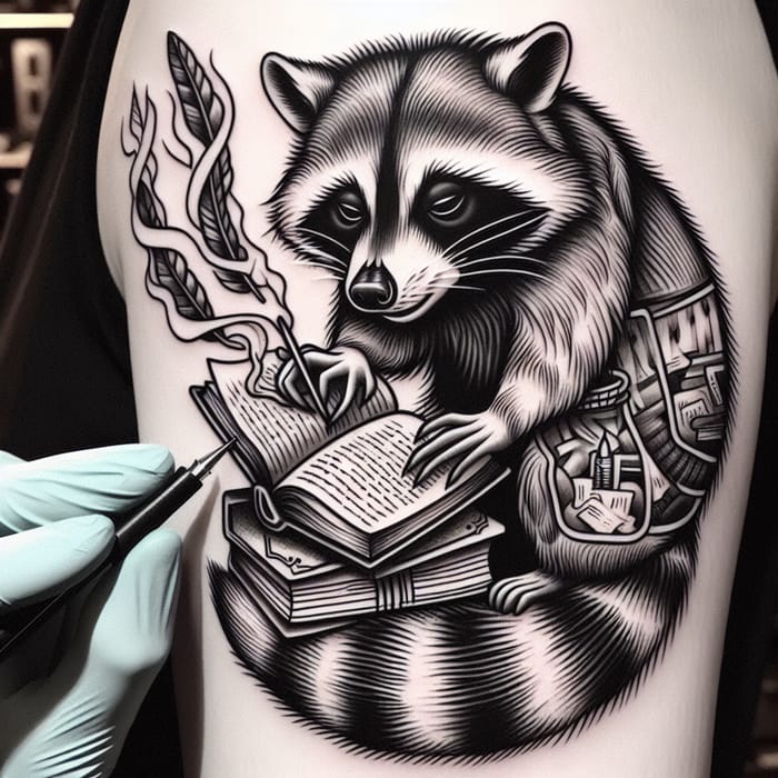 Creative Raccoon Writing a Book Tattoo Design