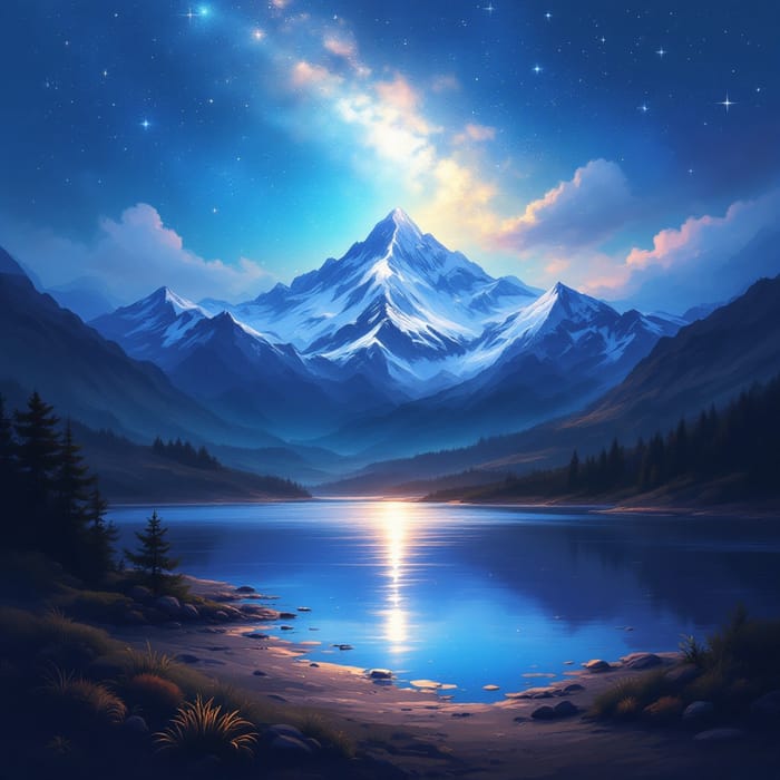 Tranquil Mountain Landscape Under Starry Sky