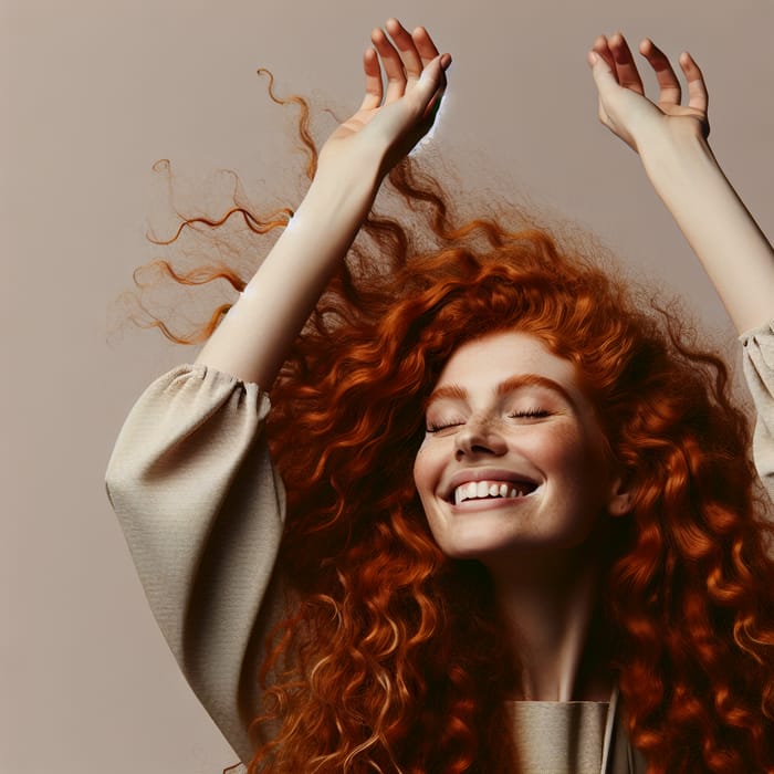 Joyful Redheaded Woman with Raised Arms