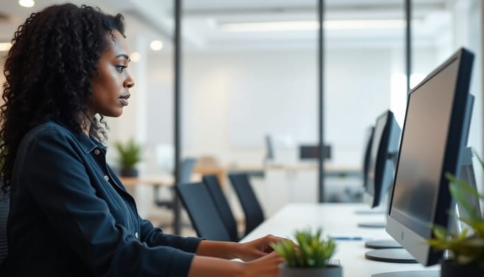 Focused Black Female Professional in Modern Office