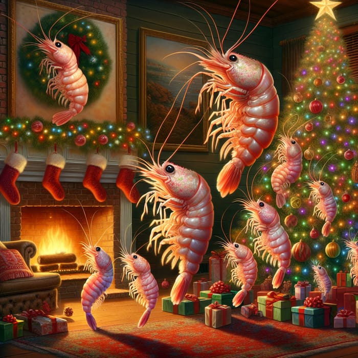 Shrimp Family Celebrates Christmas | Festive Artistic Scene