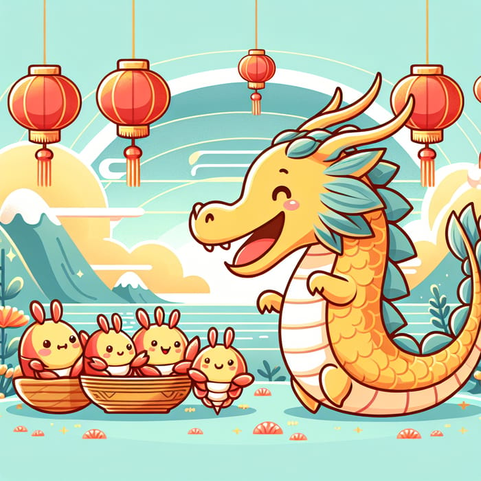 Lunar New Year 2024 Card with Dragon Visiting Shrimp Family