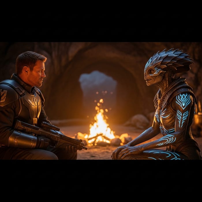 Alien Queen and Human General by the Fire