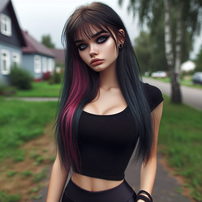 Gothic Teen Girl with Long Hair and Striking Style in Suburban Neighborhood