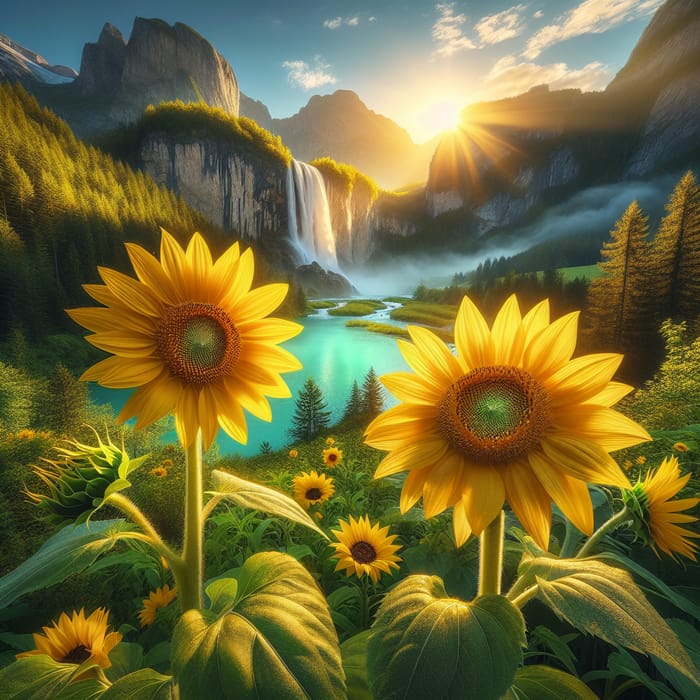 Sunflowers and Scenic Waterfall Landscape