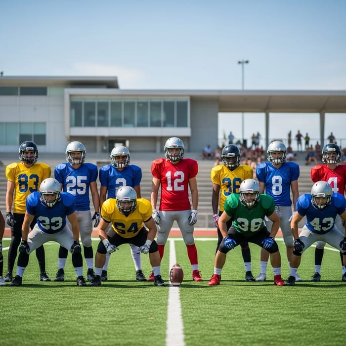 Diverse Football Team on Modern Field Setup Diverse Football Team on Modern Field Setup