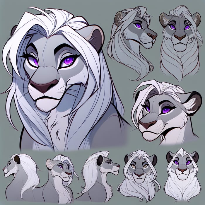 Magnificent Silver Lioness with Purple Eyes in The Lion King Style