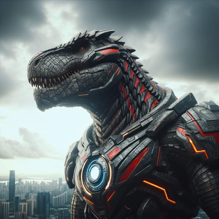 Godzilla in Iron Man Suit: Red-Gold Armored Creature in Cityscape