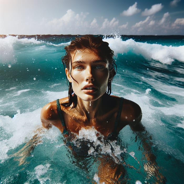 Caucasian Woman Emerging from the Sea - Mesmerizing Scene