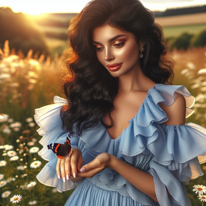 Beautiful Hispanic Woman with Red Admiral Butterfly in Lush Field