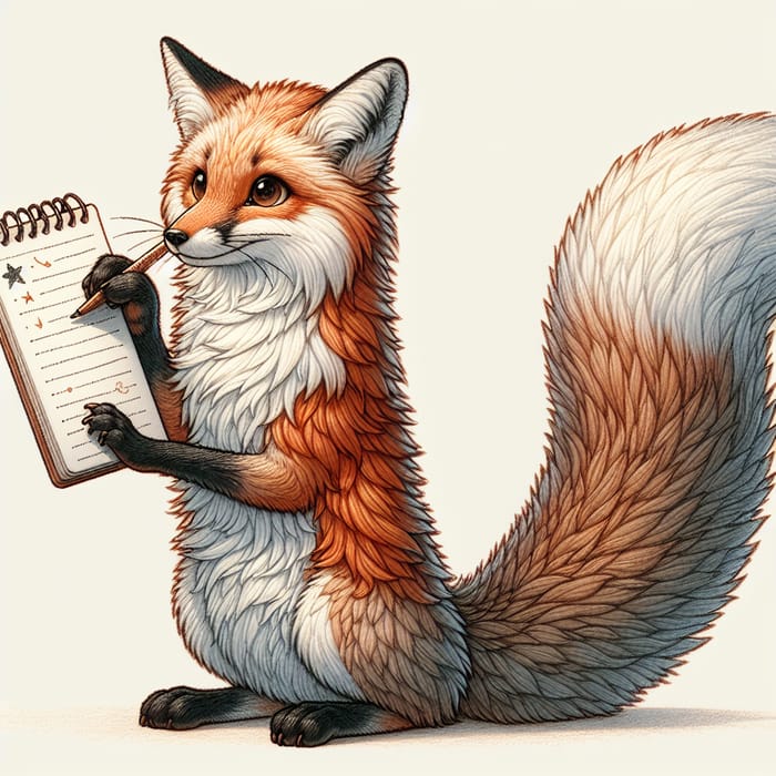 Whimsical Fox Writing on Notepad with Star | Anthropomorphic Animal Art