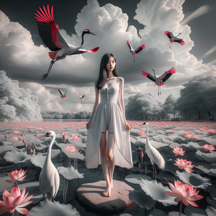 Ethereal 18-Year-Old Chinese Girl: Red-Crowned Crane & Lotus